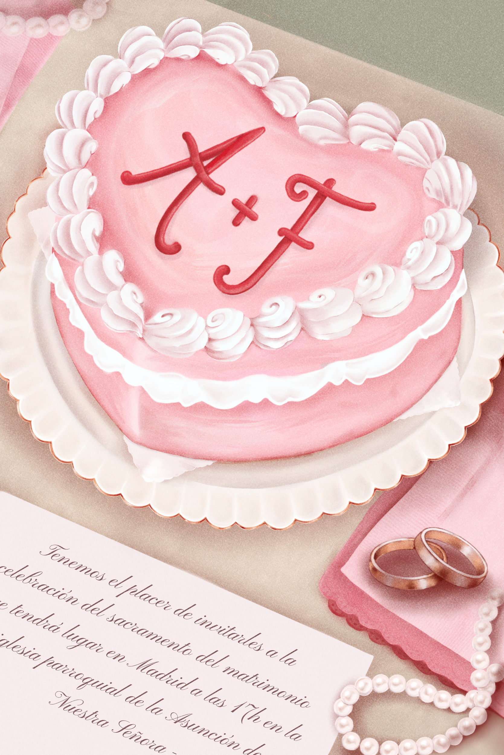 Ilustración de torta rosada con iniciales A y F